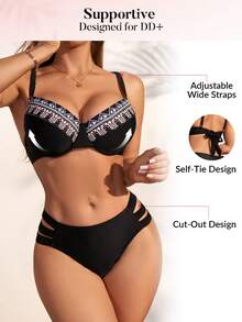 SHEIN Swim Bộ bikini có dây buộc sau lưng in họa tiết cho nữ và bộ bikini bên dưới rỗng - Nhiều màu - Xem 4