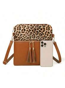 1PC Vintage Animal Print Women's Crossbody Bags For Gift, Casual Cow Pattern Shoulder Bag For Daily Used, Ladies Handbags With Wristlet