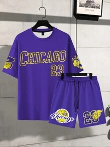 Manfinity Roughcore 男士印花紫色短袖T恤和印花短裤套装 - 紫色 - 查看 4