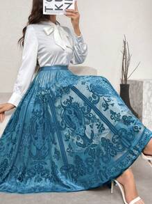 Modelyn 女士高腰花卉刺绣网眼长款优雅半身裙 - 水鴨藍 - 查看 2