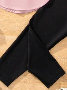 SHEIN 2 pezzi Outfit estivo da ragazza con stampa di animali carini - Maglietta rosa a maniche corte e pantaloni neri, abiti casual per il ritorno a scuola - Rosa - Visualizzare 5