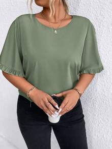 SHEIN LUNE Áo cổ tròn trơn & đơn giản dành cho nữ cỡ lớn - màu xanh lá - Xem 5