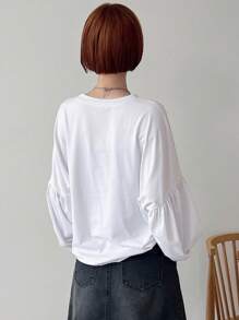 FRIFUL Camiseta casual holgada de mujer con cuello redondo, mangas farol y estampado floral, para primavera/verano y otoño, blusas de manga larga con gráficos para mujeres - Beis - Ver 5