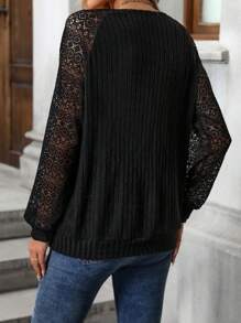 SHEIN LUNE Women's Contrast Lace V-Neck Long Sleeve Sweatshirt - Black - View 2