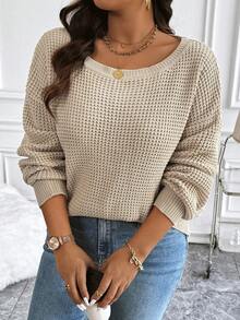 Flirla Pull en tricot texturé de couleur unie grande taille, pull automne hiver - Kaki - Voir 4