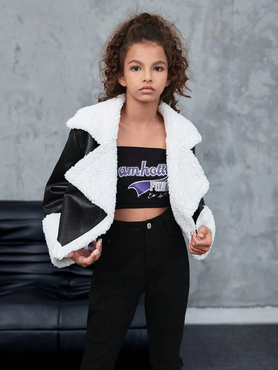 SHEIN Tween Girl 休闲拼色 PU 皮革摩托夹克，带保暖内衬 - 黑色 - 查看 1