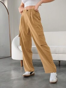 Seusyu Pantalon droit décontracté de couleur unie avec poches et boutons pour femmes - Kaki - Voir 4