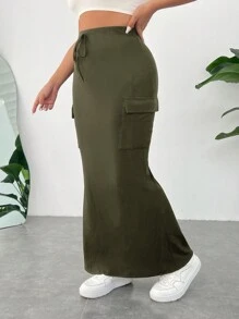 SHEIN EZwear Falda maxi informal de talla grande con bolsillo tipo cargo y cinturón