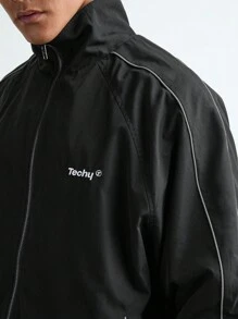 Manfinity VCAY Men's Casual Solid Color Embroidered Zip-Up Long Sleeve Jacket