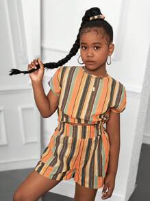 SHEIN Conjunto de 3 piezas para niñas preadolescentes: top casual sin mangas, pantalones de pierna recta y scrunchies para el cabello, primavera verano