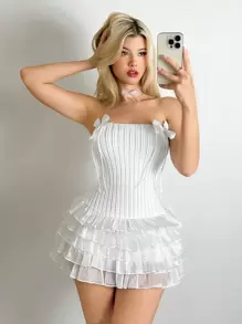 Sweetina Y2k 秋季服装白色女士连衣裙返校节连衣裙返校服装紧身胸衣蝴蝶结装饰荷叶边下摆紧身连衣裙