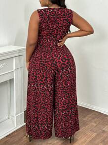 Slaydiva Plus Size Dzianinowy kombinezon z zabudowanym dekoltem, bez rękawów i nadrukiem w panterkę oraz z szerokimi nogawkami