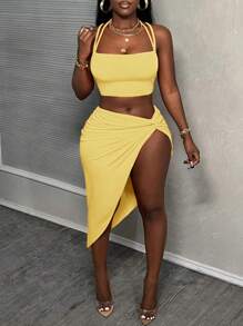 Slaydiva 2件套橙色无袖弹力吊带背心和高开衩扭结露背镂空度假裙套装（女款） - 黃色 - 查看 10