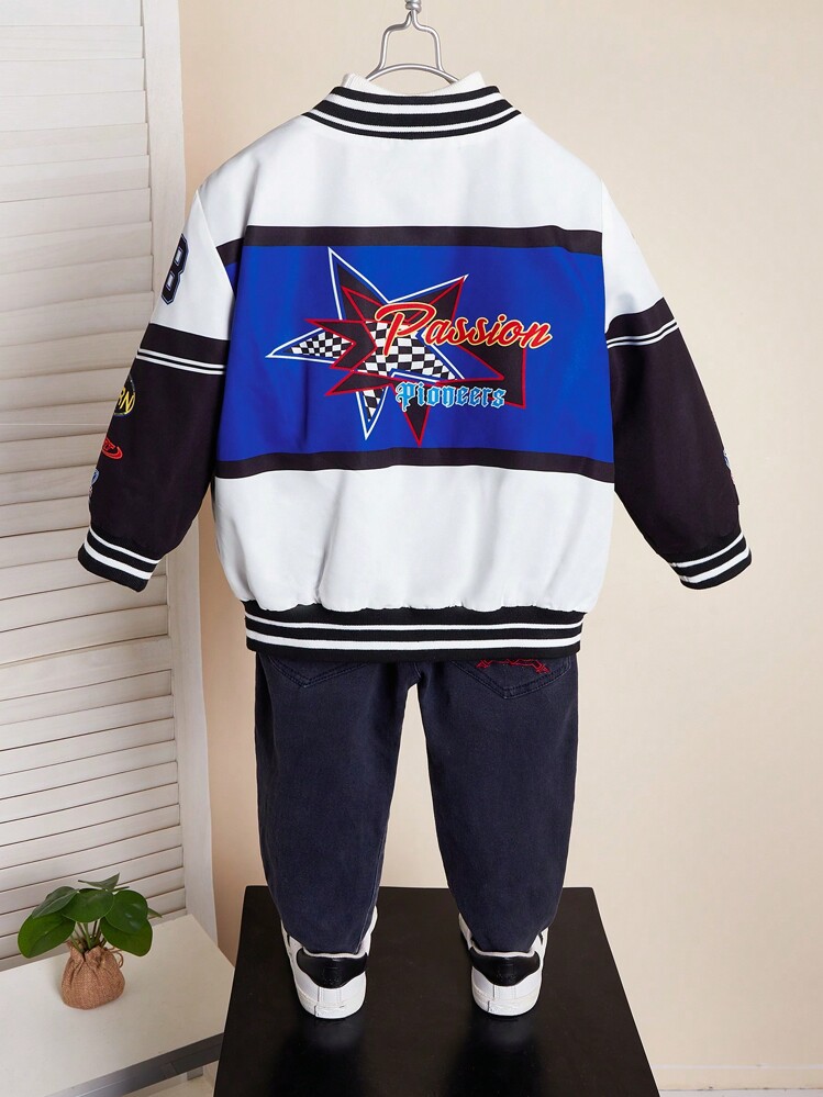 1 件装年轻男孩休闲宽松彩色字母印花棒球夹克，带保暖内衬，适合日常、上学、旅行、运动、秋冬季 - 彩色 - 查看 2