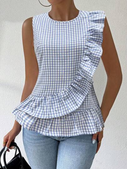 SHEIN Privé Sleeveless Ruffle Plaid Shirt