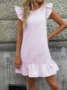 SHEIN LUNE Váy mini tay bồng họa tiết sọc đơn giản mặc hàng ngày dành cho nữ - Hồng - Xem 6