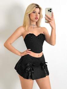 Sweetina Váy mini phối ren sọc trang trí nơ có eo cực thấp - màu đen - Xem 4
