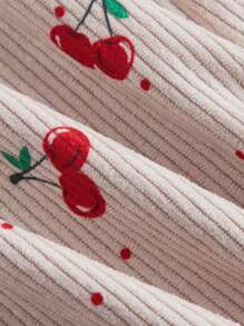 SHEIN MOD Vestido corto de apertura frontal con cuello de solapa, estampado de cerezas y pana vintage en talla grande en color caqui