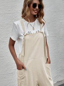 SHEIN LUNE Solid Color Overall Jumpsuit With Pockets And Straps - Beige - View 5