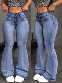 SHEIN EZwear 女士喇叭休闲百搭牛仔裤 - 藍色 - 查看 1