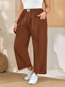 EMERY ROSE 大码 Women's Label 弹性腰部前口袋黑色长裤，适合春季 - 棕色 - 查看 1