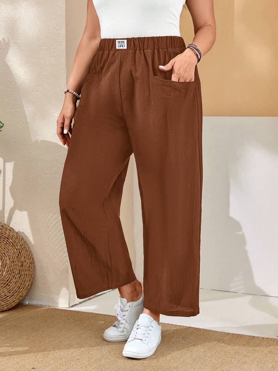 EMERY ROSE 大码 Women's Label 弹性腰部前口袋黑色长裤，适合春季 - 棕色 - 查看 1