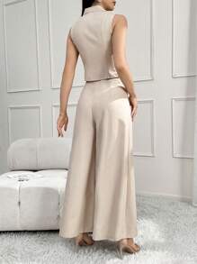 Modelyn Women's Solid Color Minimalist Casual Sleeveless Top And Pants Suit - Khaki - View 5