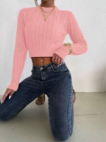 Chiquease Casual Solid Color Cable Knit Crop Sweater, Spring/Autumn Knit Pullover Fall Winter Outfit