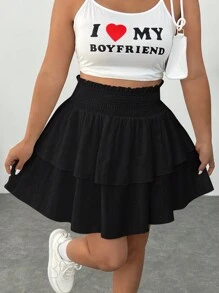 SHEIN EZwear Plus Size Nữ Trắng Xù Lông Tầng Vải Dệt Thoải Mái Dây Rút Eo Màu Trơn Cao Cấp Chân Váy Chữ A, Mùa Hè - màu đen - Xem 1