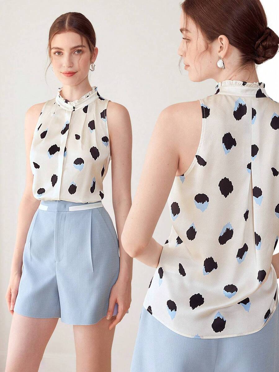 PREMIUM ABSTRACT FRILL NECKLINE BLOUSE