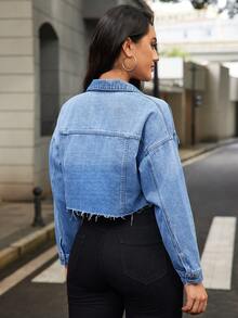 SHEIN Essnce Áo khoác denim crop top trễ vai thường ngày dành cho nữ, mùa xuân, mùa thu - Rửa trung bình - Xem 2