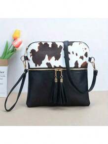 1PC Vintage Animal Print Women's Crossbody Bags For Gift, Casual Cow Pattern Shoulder Bag For Daily Used, Ladies Handbags With Wristlet