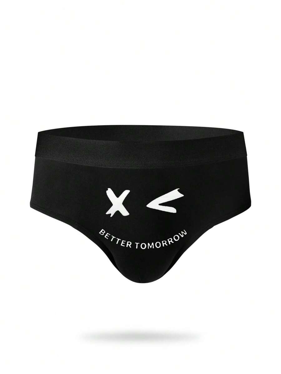 Men's Mid-Rise Letter Print Briefs - Black and White - View 1