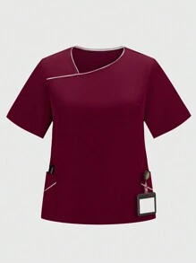 TaskEZ Burgundy Red Plus Size Scrub Uniforms Short Sleeve Top And Pants Set - Burgundy - View 3