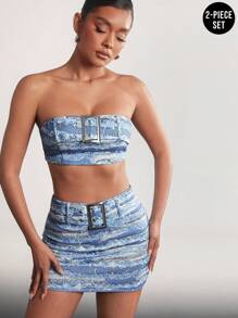 Denimoi Distressed Graphic-Effect Buckle Top & Skirt Two Pieces Set