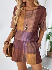 SHEIN LUNE Bộ 2 bộ quần short in họa tiết kẻ sọc ngắn tay cổ tròn dáng rộng cho nữ - Nhiều màu - Xem 5