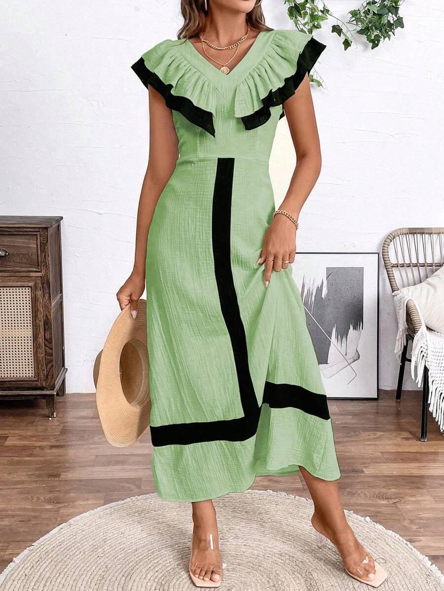 SHEIN LUNE Women Color Block Casual V-Neck Mini Dress - Green - View 1