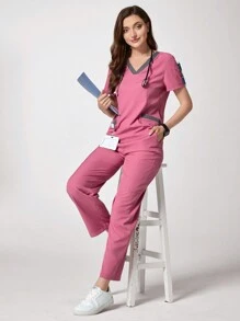TaskEZ Contrast Color V-Neck Scrub Top And Cargo Pants  Uniform Set - Rusty Rose - View 7