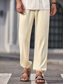 Manfinity VCAY Men's Knitted Casual Straight Leg Drawstring Jogger Pants, Suitable For Autumn And Winter Seasons - White - View 7