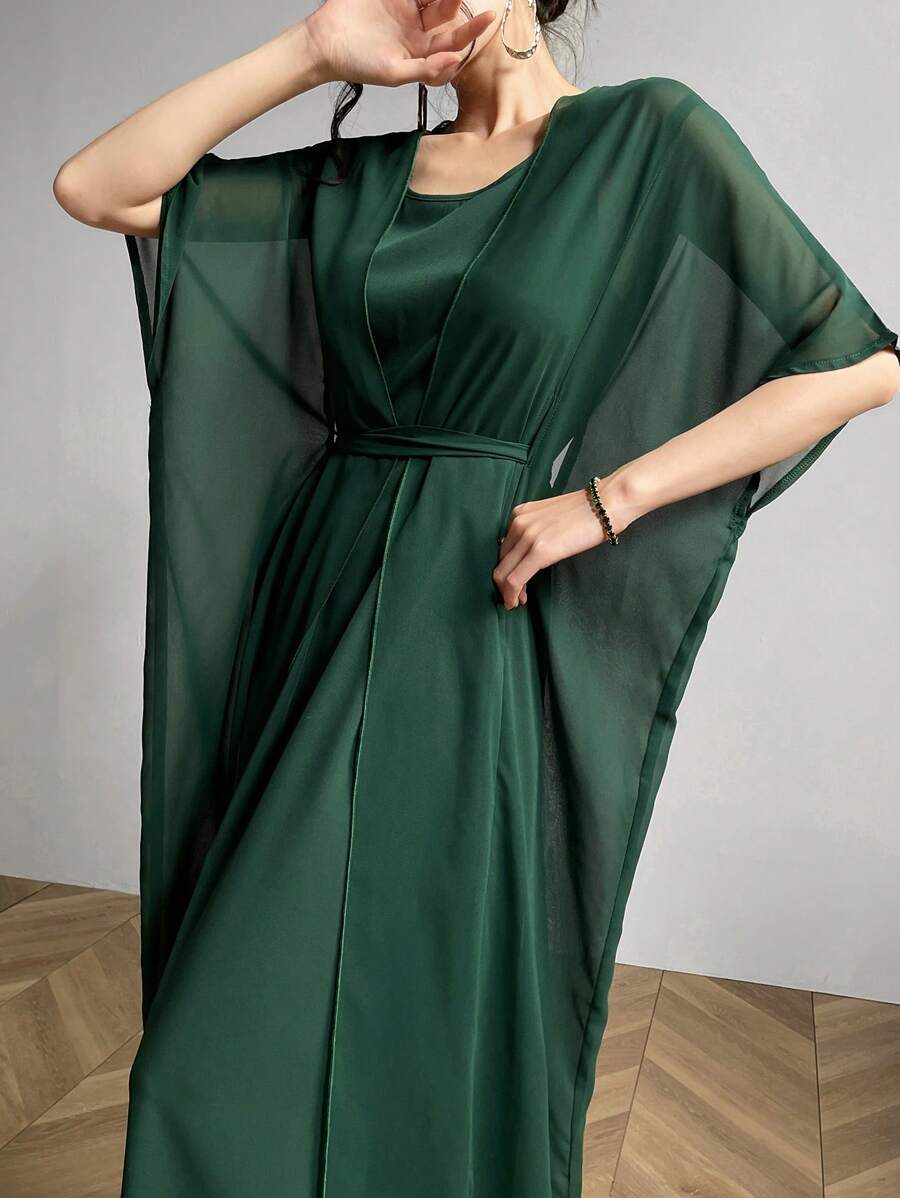 Modelyn 2pcs Women's Solid Color Minimalist Casual Mesh Vest Dress Set - Dark Green - View 1