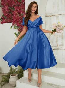 SHEIN Belle Vestido Elegante de Ombro Caído de Cor Sólida - Azul Royal - Visão 1