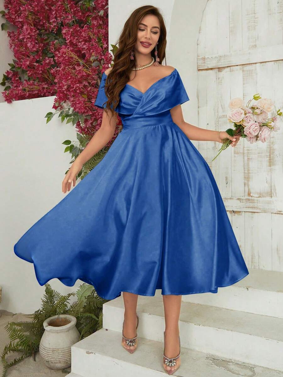 SHEIN Belle Vestido Elegante de Ombro Caído de Cor Sólida - Azul Royal - Visão 1