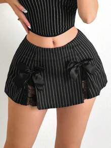 Sweetina Váy mini phối ren sọc trang trí nơ có eo cực thấp - màu đen - Xem 1