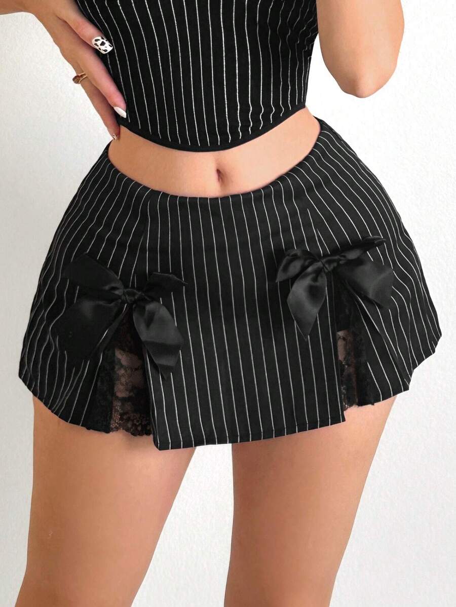 Sweetina Váy mini phối ren sọc trang trí nơ có eo cực thấp - màu đen - Xem 1