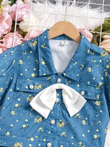 Tween Girls Sweet 2pcs Floral Print Denim Effect Button Front Bow Decor Short Sleeve Top And Mini Skirt Set - Blue - View 3