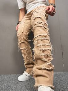 Manfinity EMRG Men's Solid Color Simple Casual Denim Jeans - Khaki - View 1