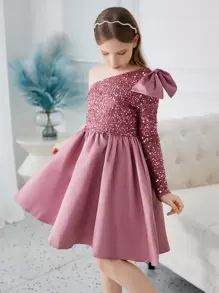SHEIN 少女斜肩領、蝴蝶結和串珠拼接裙 - 粉色 - 查看 4