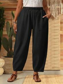 Pantalones de tobillo con cintura elástica, bolsillos y cordón para mujer de talla grande y unicolor - Negro - Ver 4
