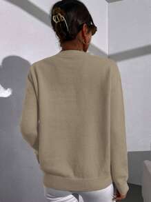 SHEIN LUNE 女士纯色简约休闲长袖套头毛衣，针织套头衫，秋冬款 - 卡其色 - 查看 2