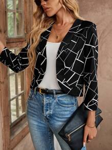 SHEIN LUNE 女士短款蜘蛛网印花夹克，适合秋季/万圣节 - 黑與白 - 查看 3